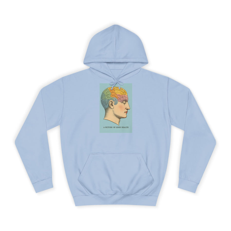 Vintage Hoodie „A Picture of Good Health“ – Vintage-Phrenologie für mentale Überflieger – Sky Blue – Vorderseite