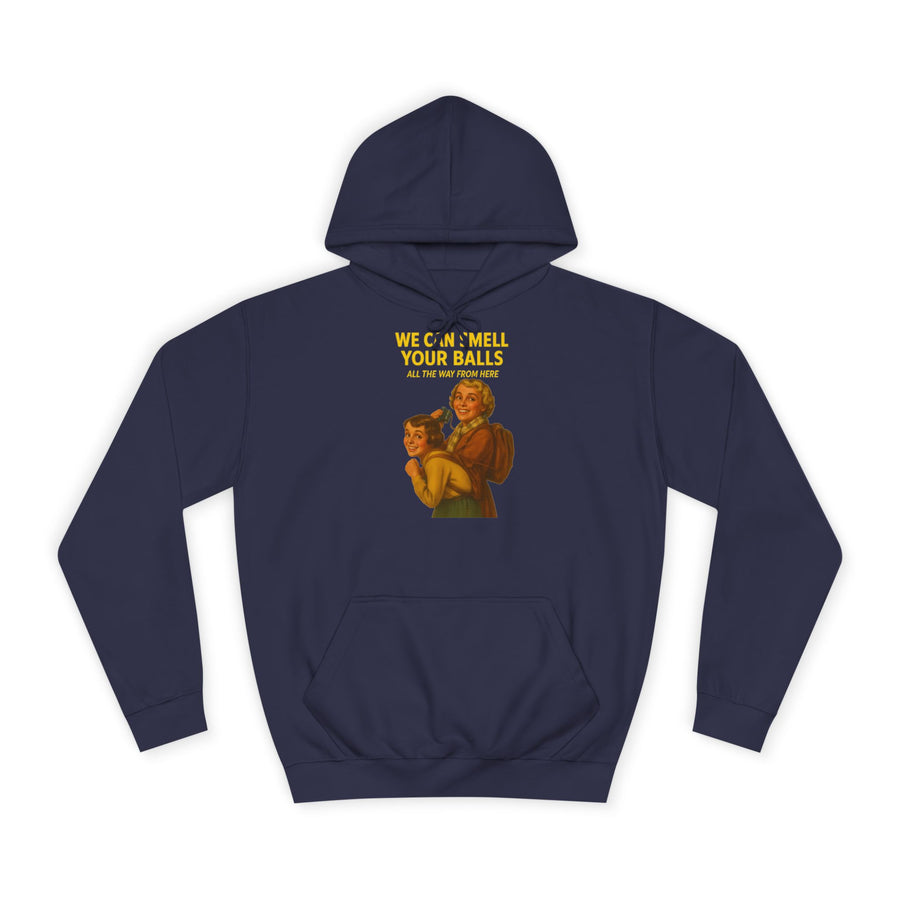 Retro Hoodie „We Can Smell Your Balls“ – Retro-Motiv mit schwarzem Humor – Oxford Navy – Vorderseite