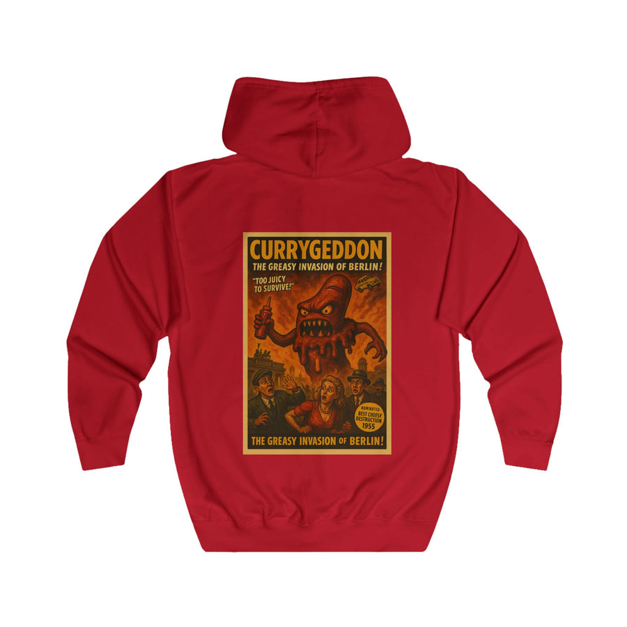 CurryGeddon Zip-Hoodie – Affiche de film d'horreur rétro avec monstre currywurst