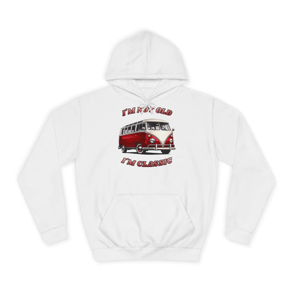 Hoodie mit VW-Bulli-T1-Motiv – „I'm Not Old I'm Classic“ – Arctic White – Vorderseite