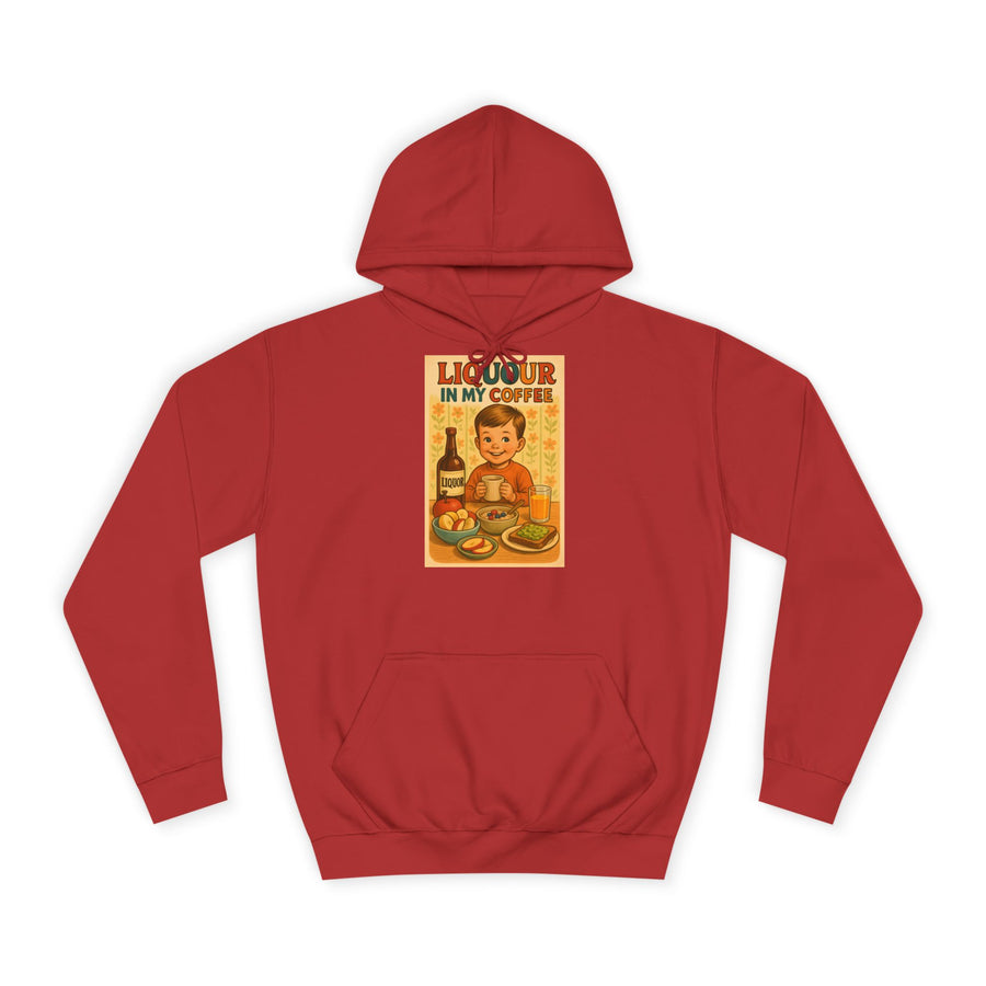Kaffee Hoodie „Liquor in My Coffee“ – Retro-Humor für Kaffeetrinker – Fire Red – Vorderseite