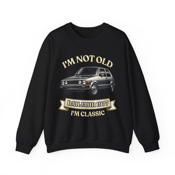 Geschenk zum 50. Geburtstag – Pullover Jahrgang 1977 VW Golf – Black – Vorderseite