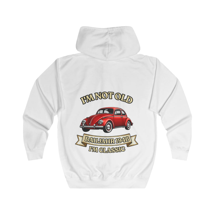Geschenk zum 80. Geburtstag – Sweatjacke Jahrgang 1946 VW Käfer – Arctic White – Rückenansicht