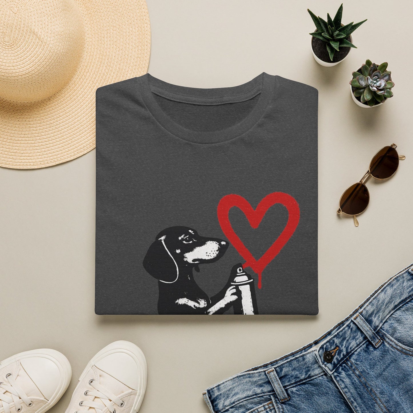 Dackel mit Sprühdose Herz T-Shirt Unisex – Street Art Graffiti Hund Motiv, perfektes Geschenk für Dackelliebhaber & Valentinstag