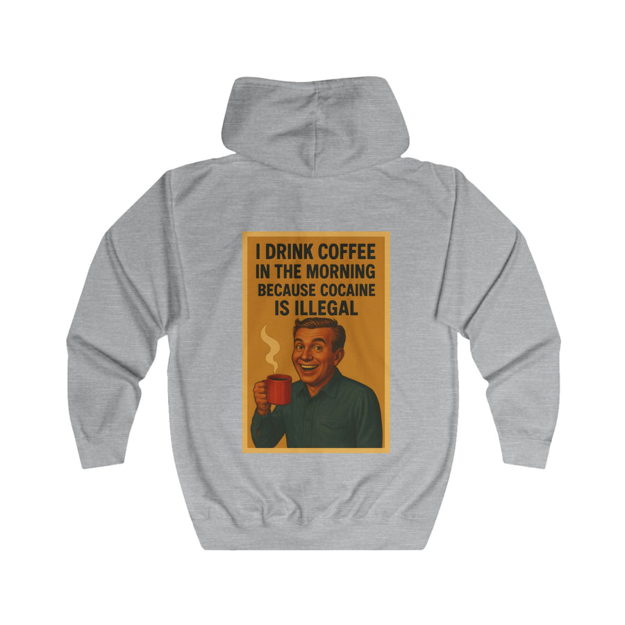 Kaffee Sweatjacke „I Drink Coffee Because Cocaine Is Illegal“ – Zip-Hoodie mit Rückendruck – Heather Grey – Rückenansicht