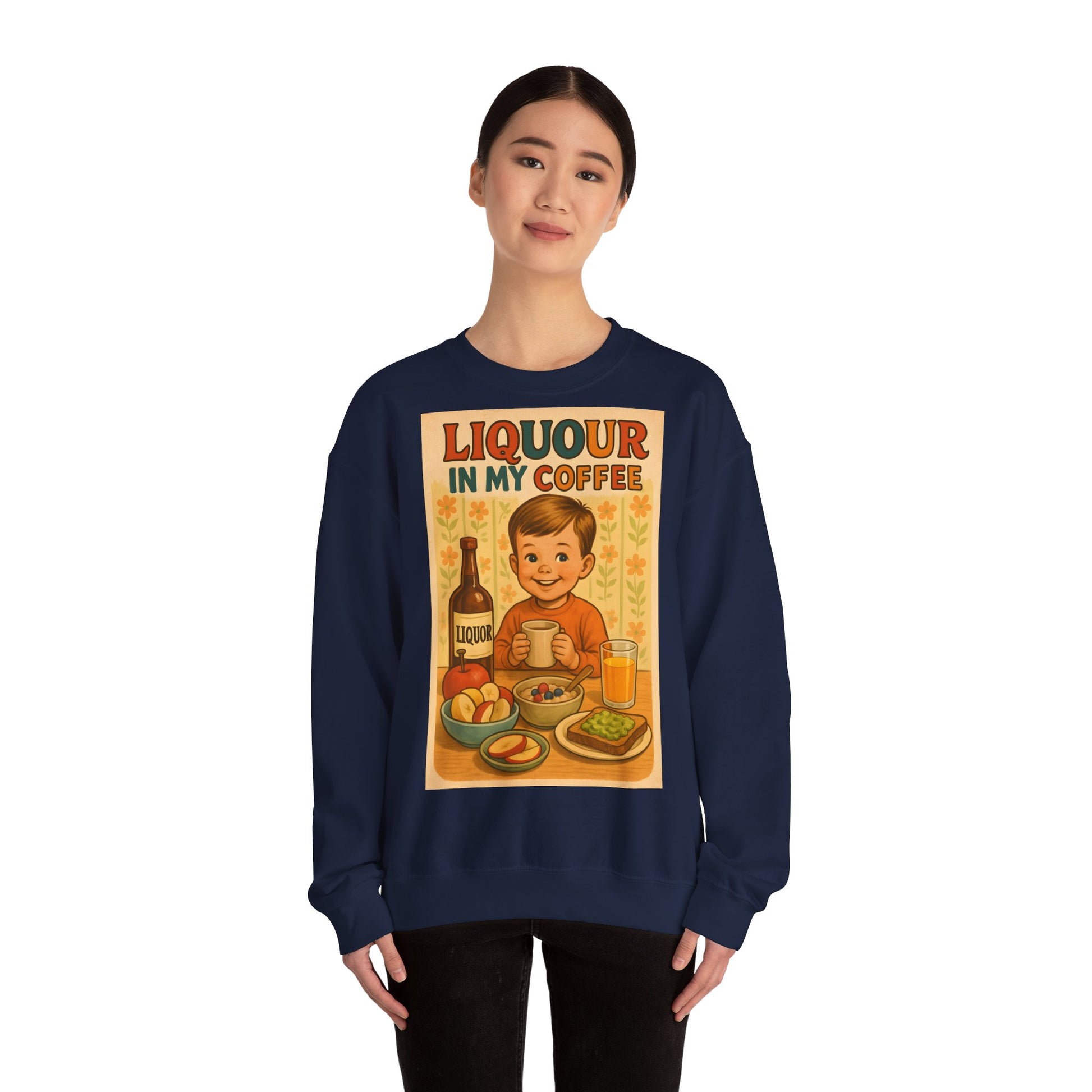 Sweatshirt – Liquor In My Coffee Sweatshirt | Retro Frühstücks-Pullover mit Satire-Motiv | Geschenk für Kaffee-Fans mit Humor | True Insights Design mit Humor
