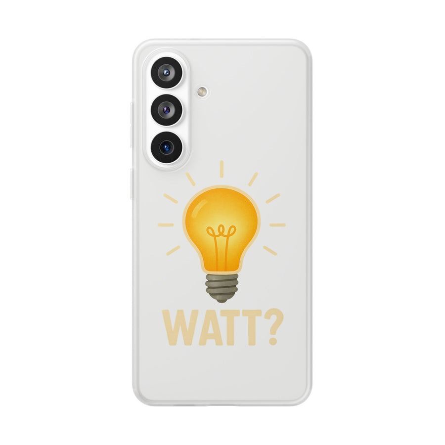 WATT? Handyhülle für Samsung Galaxy S26 Plus – transparente Schutzhülle mit leuchtendem Glühbirnen-Motiv, Geschenk für Elektriker und Technikfans