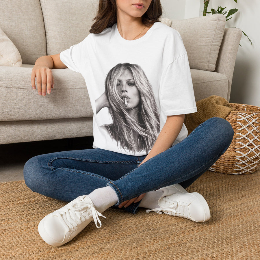 True Insights T-Shirt Kate Moss Porträt Print Unisex in Weiß, ikonisches Schwarz-Weiß Fashion Statement Shirt