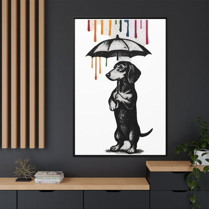 Dackel im Farbenregen – Street-Art Canvas mit Regenschirm & Farbtropfen