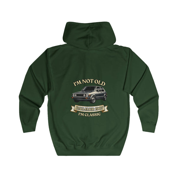 Geschenk zum 60. Geburtstag – Sweatjacke Jahrgang 1967 VW Golf – Bottle Green – Rückenansicht