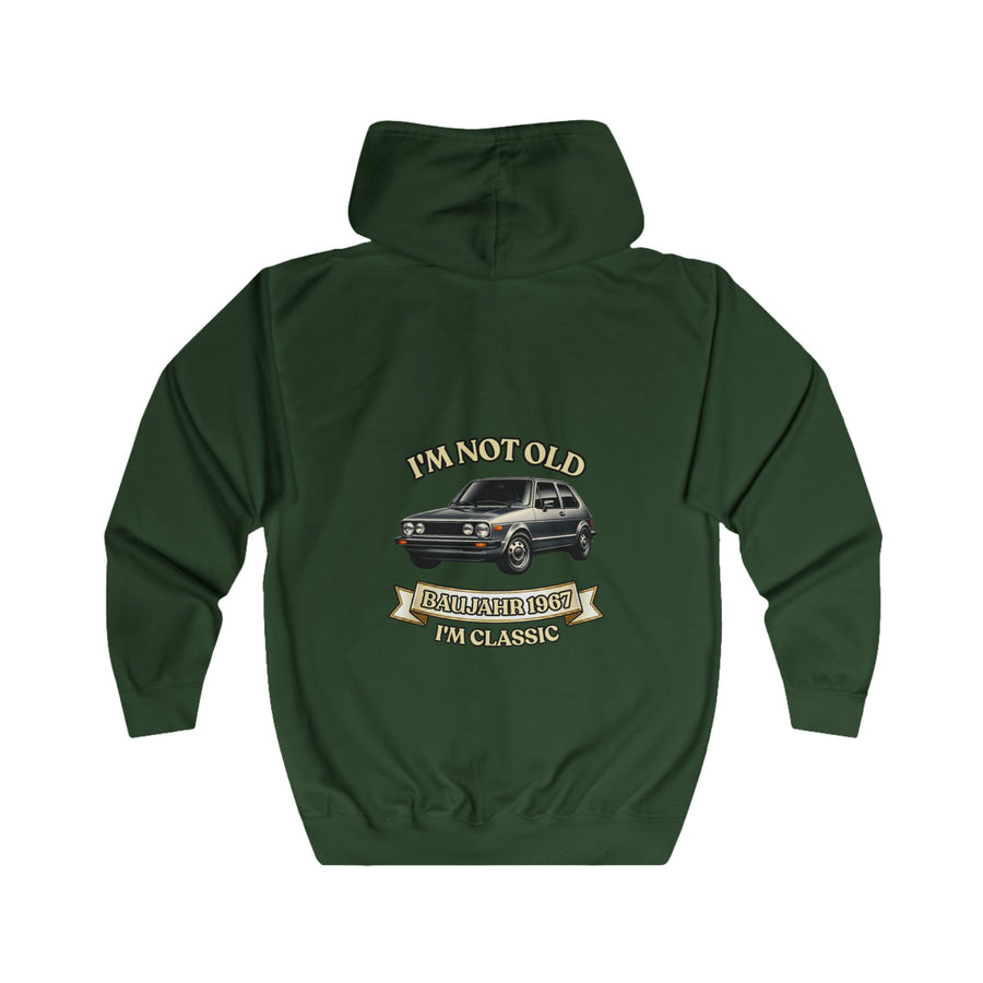 Geschenk zum 60. Geburtstag – Sweatjacke Jahrgang 1967 VW Golf – Bottle Green – Rückenansicht