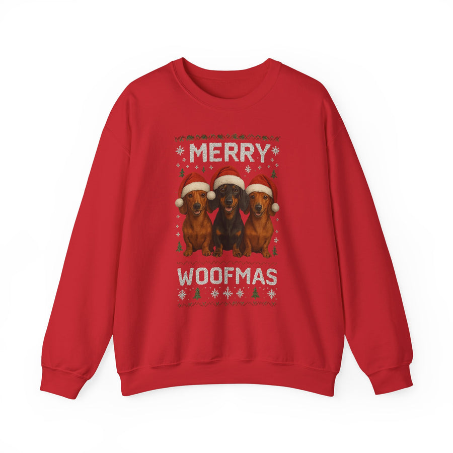True Insights Merry Woofmas Dackel Sweatshirt – Lustiges Weihnachtsmotiv mit drei Dackeln in Red