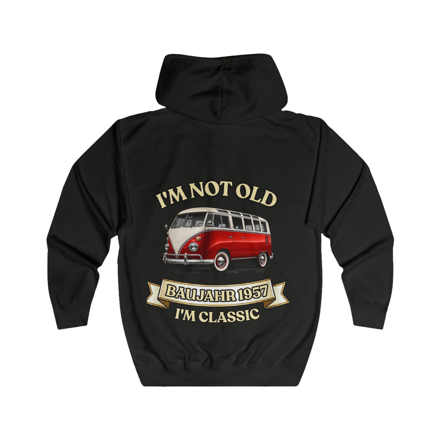 Geschenk zum 70. Geburtstag – Sweatjacke Jahrgang 1957 VW Bulli – Jet Black – Rückenansicht
