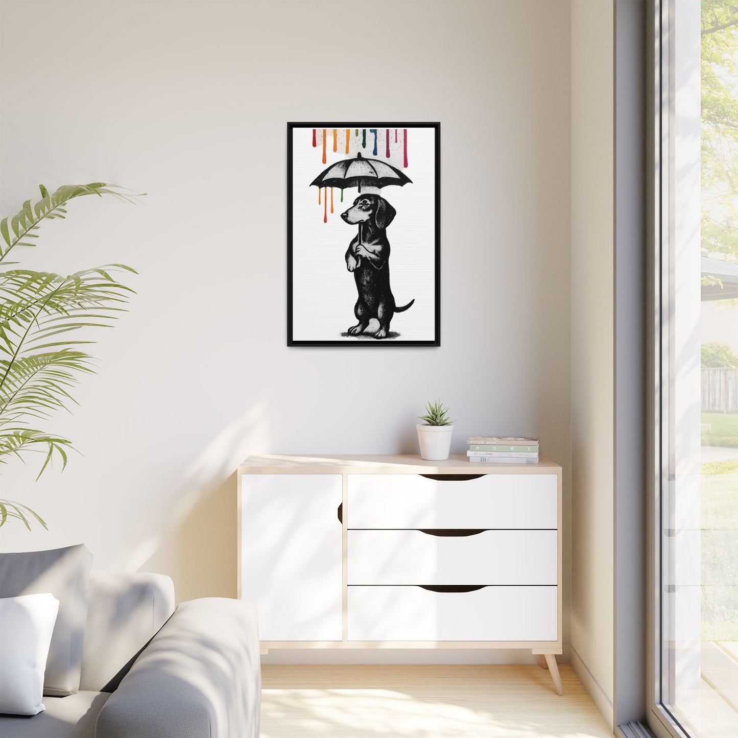 Dackel im Farbenregen – Street-Art Canvas mit Regenschirm & Farbtropfen