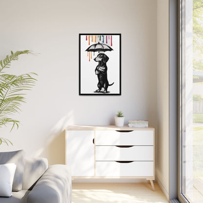 Dackel im Farbenregen – Street-Art Canvas mit Regenschirm & Farbtropfen