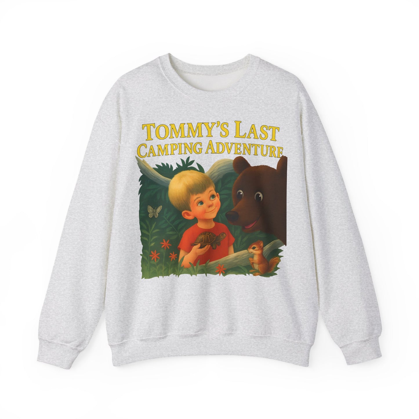 Sweatshirt – Tommy’s Last Camping Adventure Sweatshirt – Schwarzer Humor trifft Retro-Kinderbuchstil | True Insights Design mit Humor