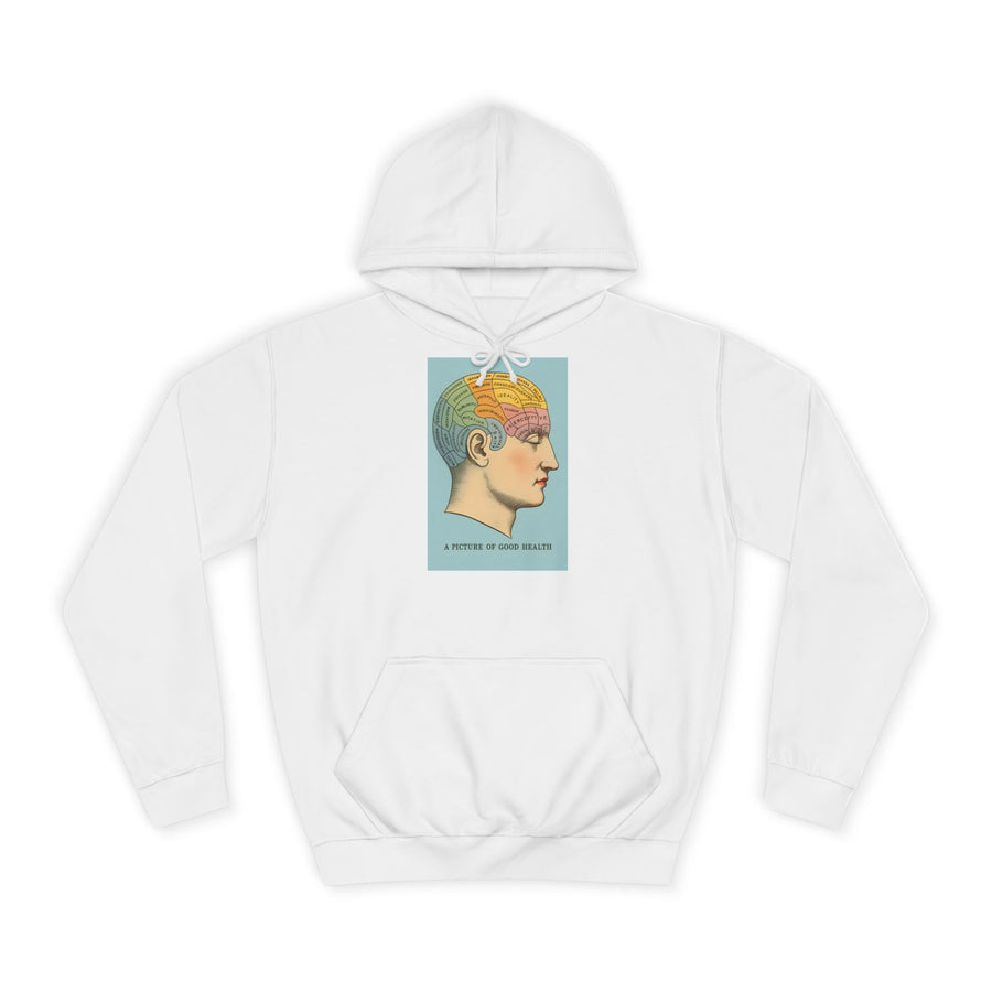 Vintage Hoodie „A Picture of Good Health“ – Vintage-Phrenologie für mentale Überflieger – Arctic White – Vorderseite