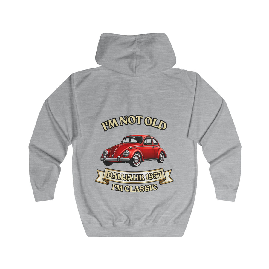 Geschenk zum 70. Geburtstag – Sweatjacke Jahrgang 1957 VW Käfer – Heather Grey – Rückenansicht