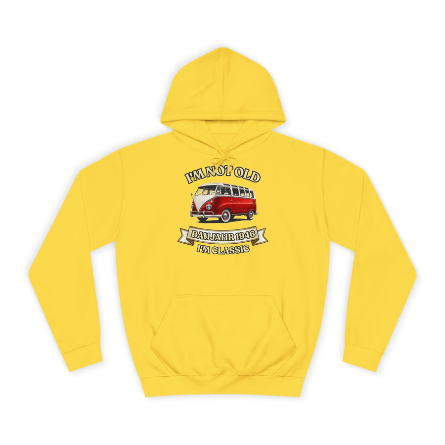 Geschenk zum 80. Geburtstag – Hoodie Jahrgang 1946 VW Bulli – Sun Yellow – Vorderseite