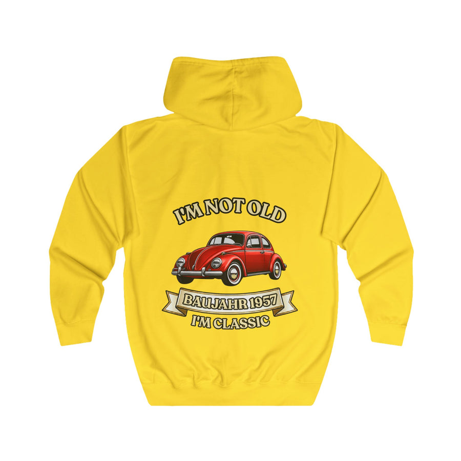 Geschenk zum 70. Geburtstag – Sweatjacke Jahrgang 1957 VW Käfer – Sun Yellow – Rückenansicht