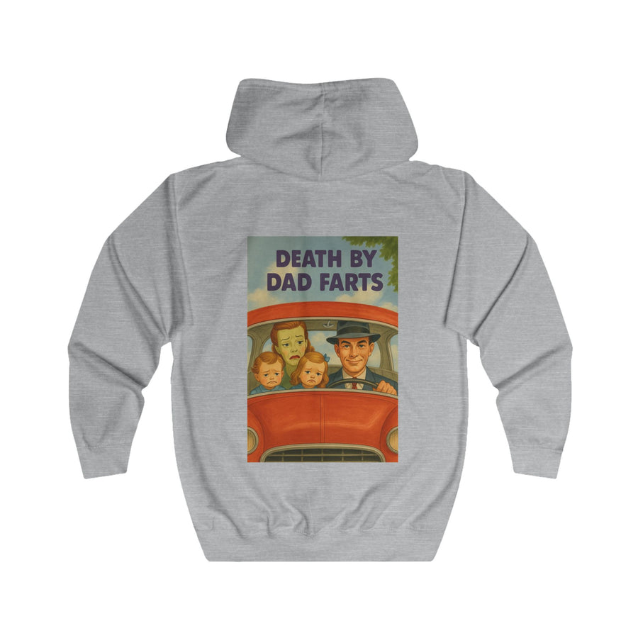 Papa Sweatjacke „Death by Dad Farts“ – Zip-Hoodie mit Rückendruck – Heather Grey – Rückenansicht