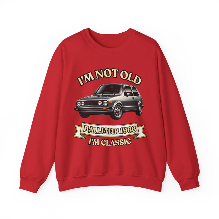 Geschenk zum 60. Geburtstag – Pullover Jahrgang 1966 VW Golf – Red – Vorderseite