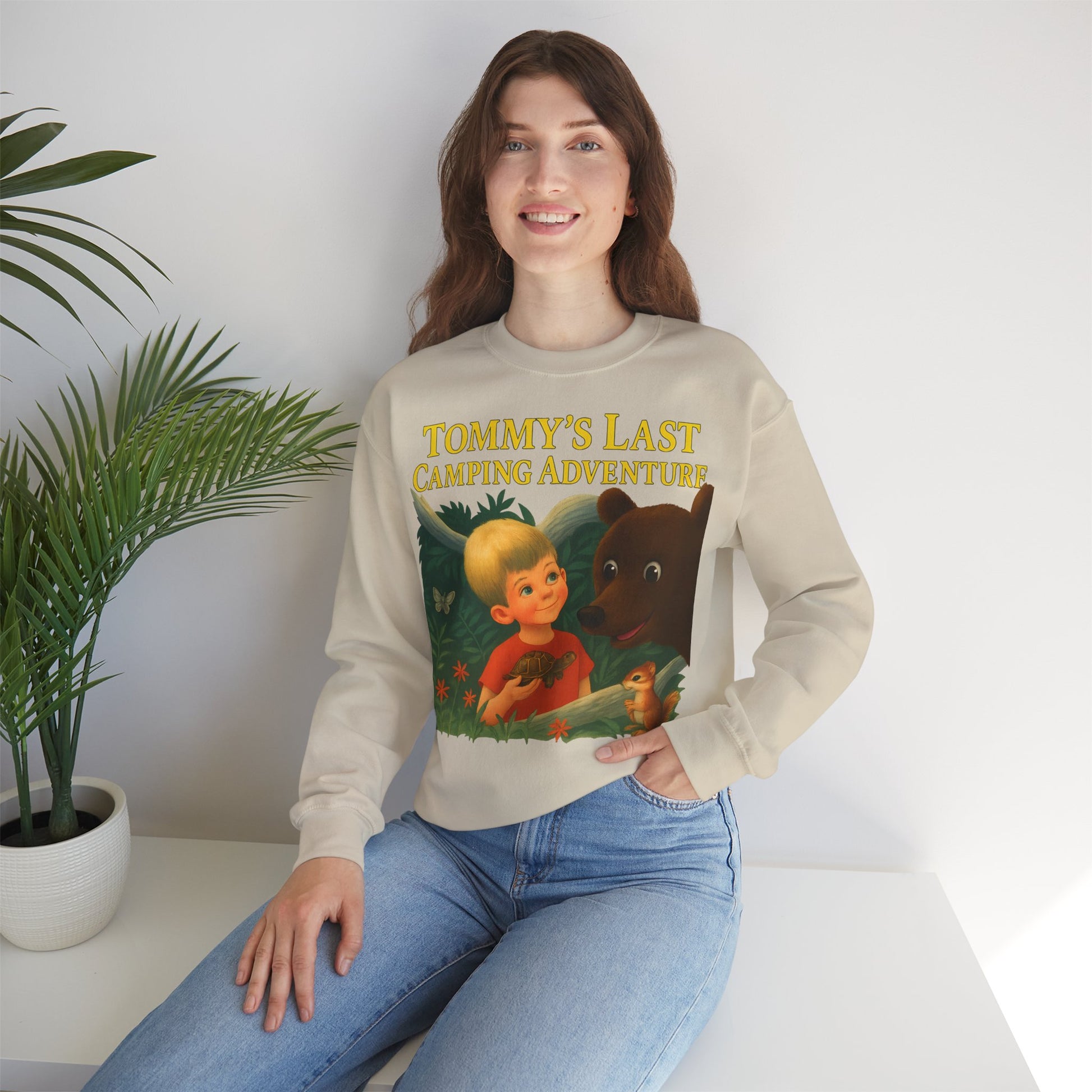 Sweatshirt – Tommy’s Last Camping Adventure Sweatshirt – Schwarzer Humor trifft Retro-Kinderbuchstil | True Insights Design mit Humor