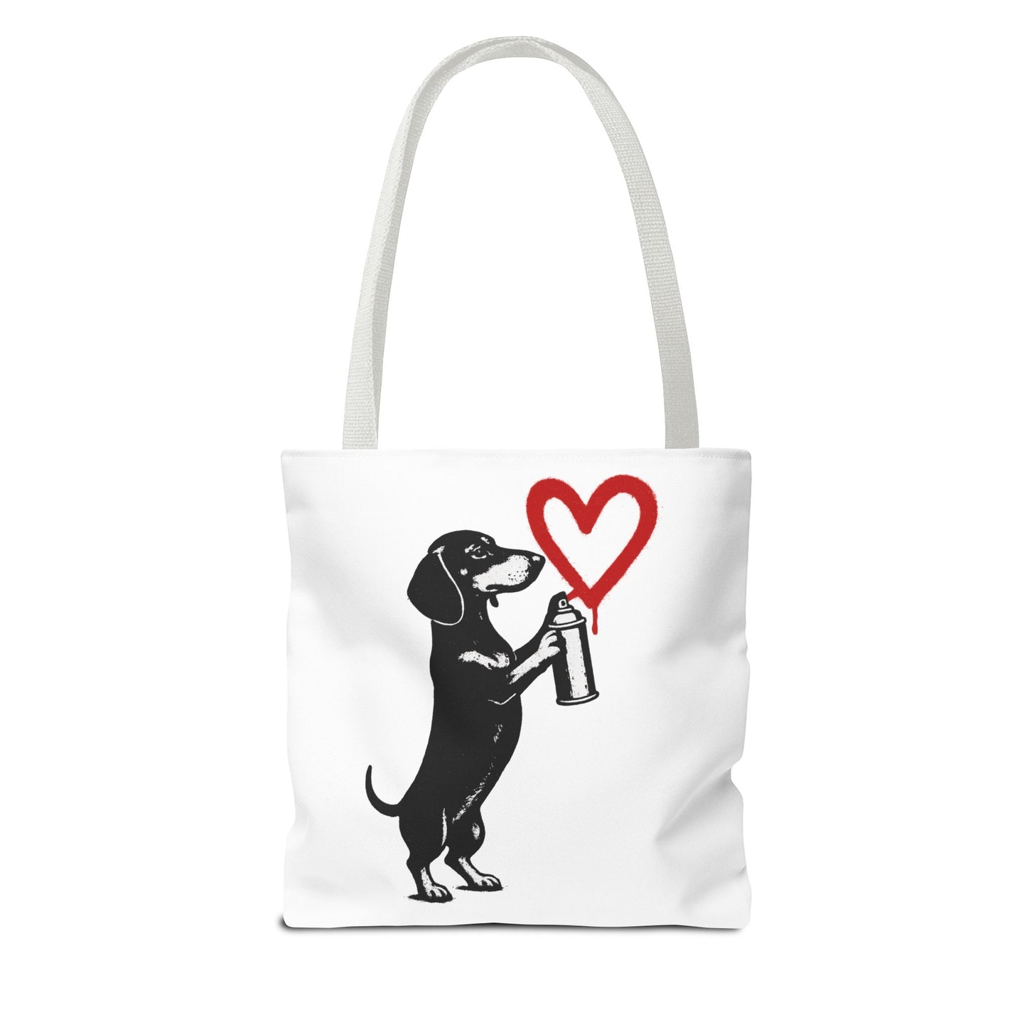 Banksy inspirierter Dackel Tote Bag Polyester – Street-Art Herz Sprühdose Beutel für Sport, Uni & Einkauf