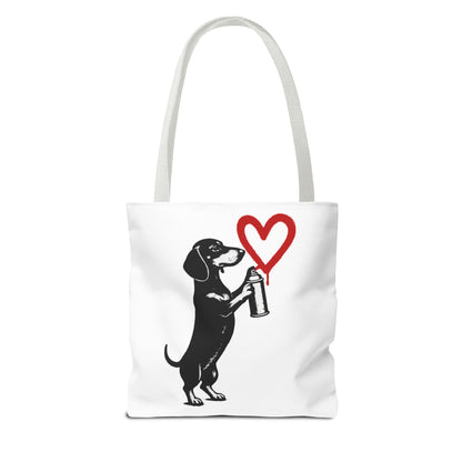 Banksy inspirierter Dackel Tote Bag Polyester – Street-Art Herz Sprühdose Beutel für Sport, Uni & Einkauf