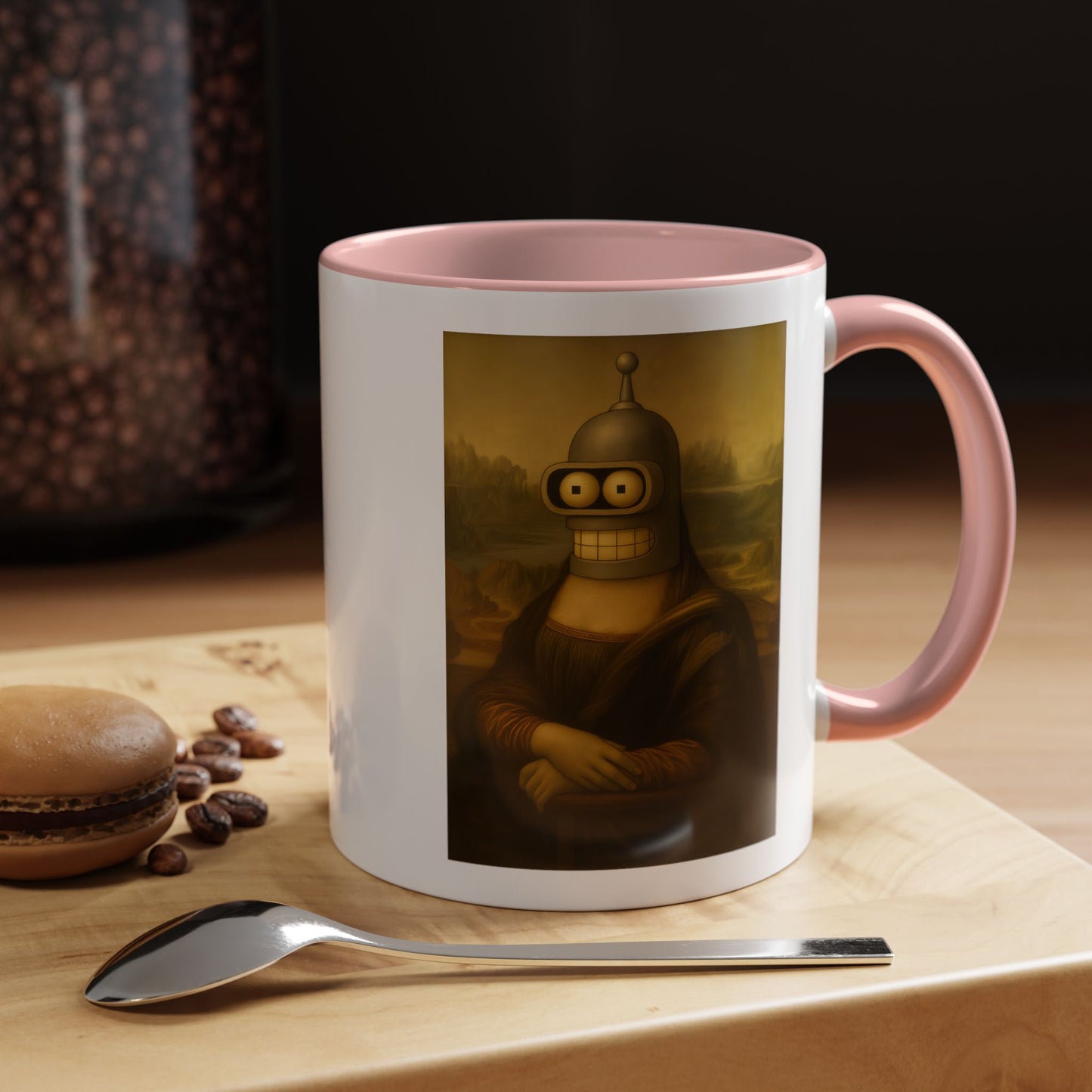 True Insights Tasse Bender Mona Lisa Roboter Motiv beim Kaffeegenuss