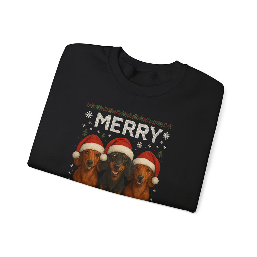 True Insights Merry Woofmas Dackel Sweatshirt – Lustiges Weihnachtsmotiv mit drei Dackeln