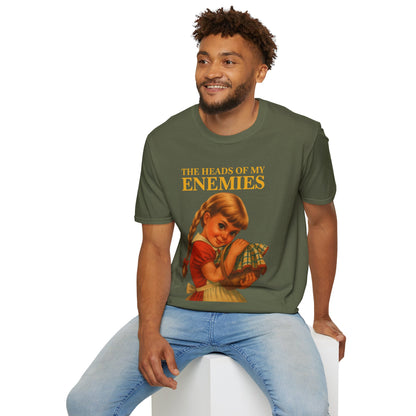 T-shirt “The Heads of My Enemies” – retro satire with children’s book flair