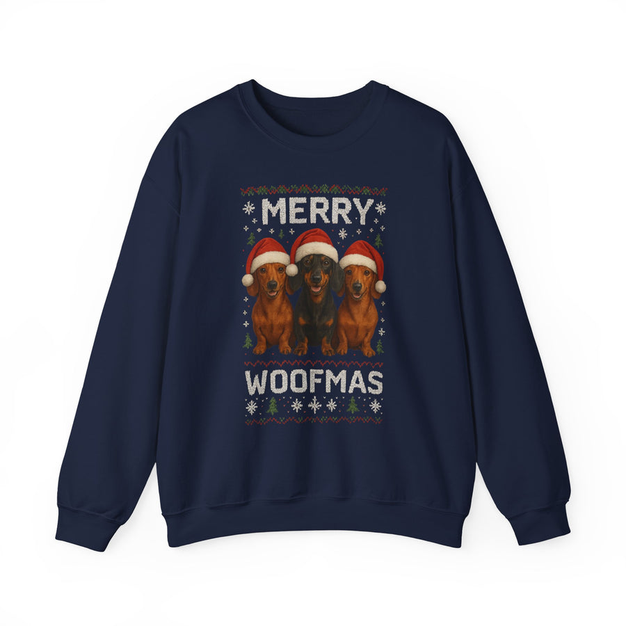 True Insights Merry Woofmas Dackel Sweatshirt – Lustiges Weihnachtsmotiv mit drei Dackeln in Navy