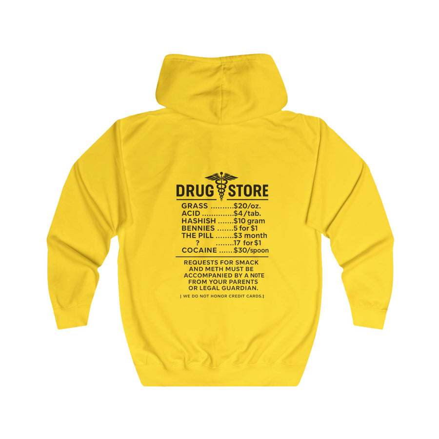 Drug Store Zip-Hoodie – Vintage-apotheekmotief met zwarte humor