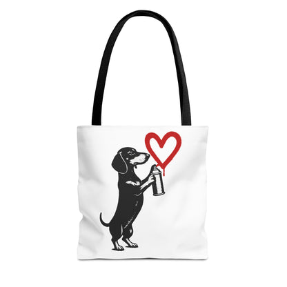 Banksy inspirierter Dackel Tote Bag Polyester – Street-Art Herz Sprühdose Beutel für Sport, Uni & Einkauf