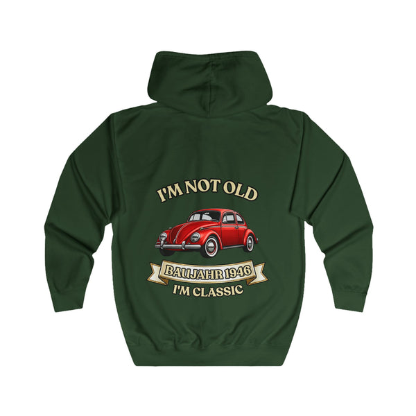 Geschenk zum 80. Geburtstag – Sweatjacke Jahrgang 1946 VW Käfer – Bottle Green – Rückenansicht