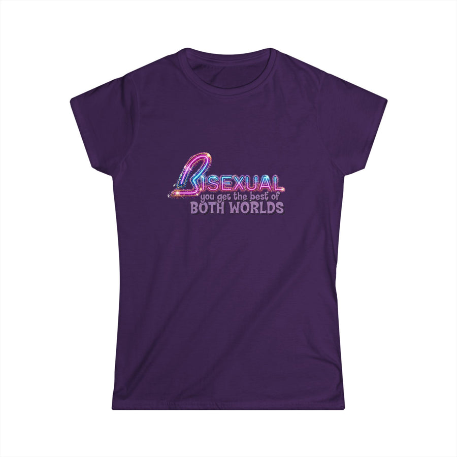 True Insights Damen Shirt Bisexual Best Of Both Worlds mit Glitzer Neon Bi Pride Design in Lila