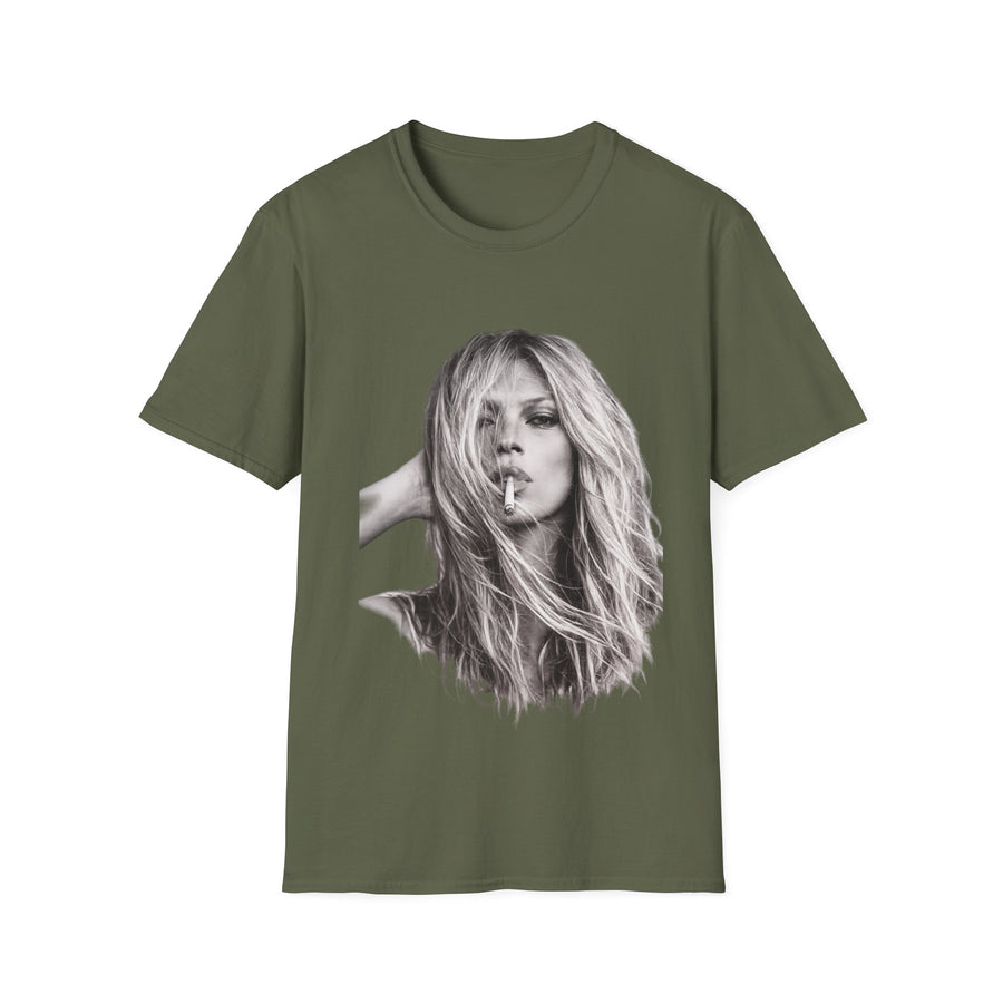 True Insights T-Shirt Kate Moss Print, ikonisches Fashion Kult Shirt Nahaufnahme des Schwarz-Weiß Motivs