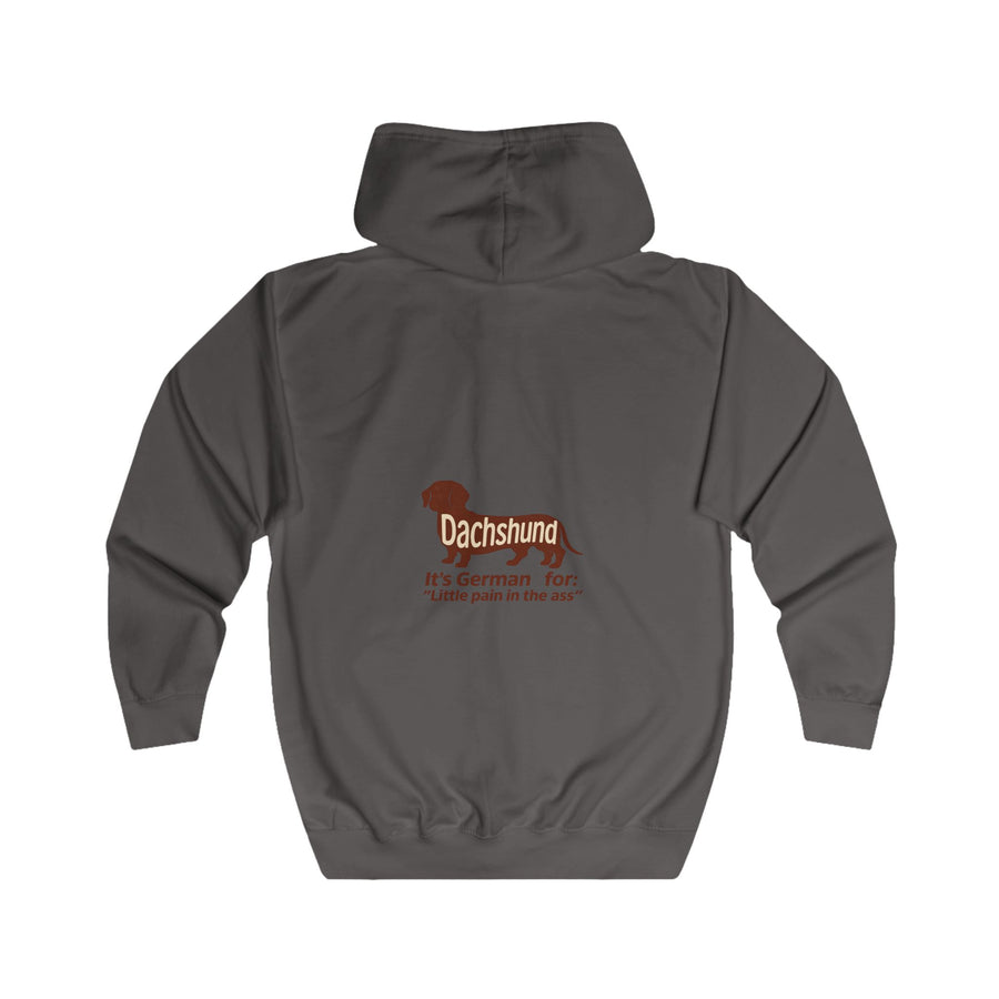 Dackel Sweatjacke „Dachshund – Little Pain in the Ass“ – Zip-Hoodie mit Rückendruck – Steel Grey – Rückenansicht