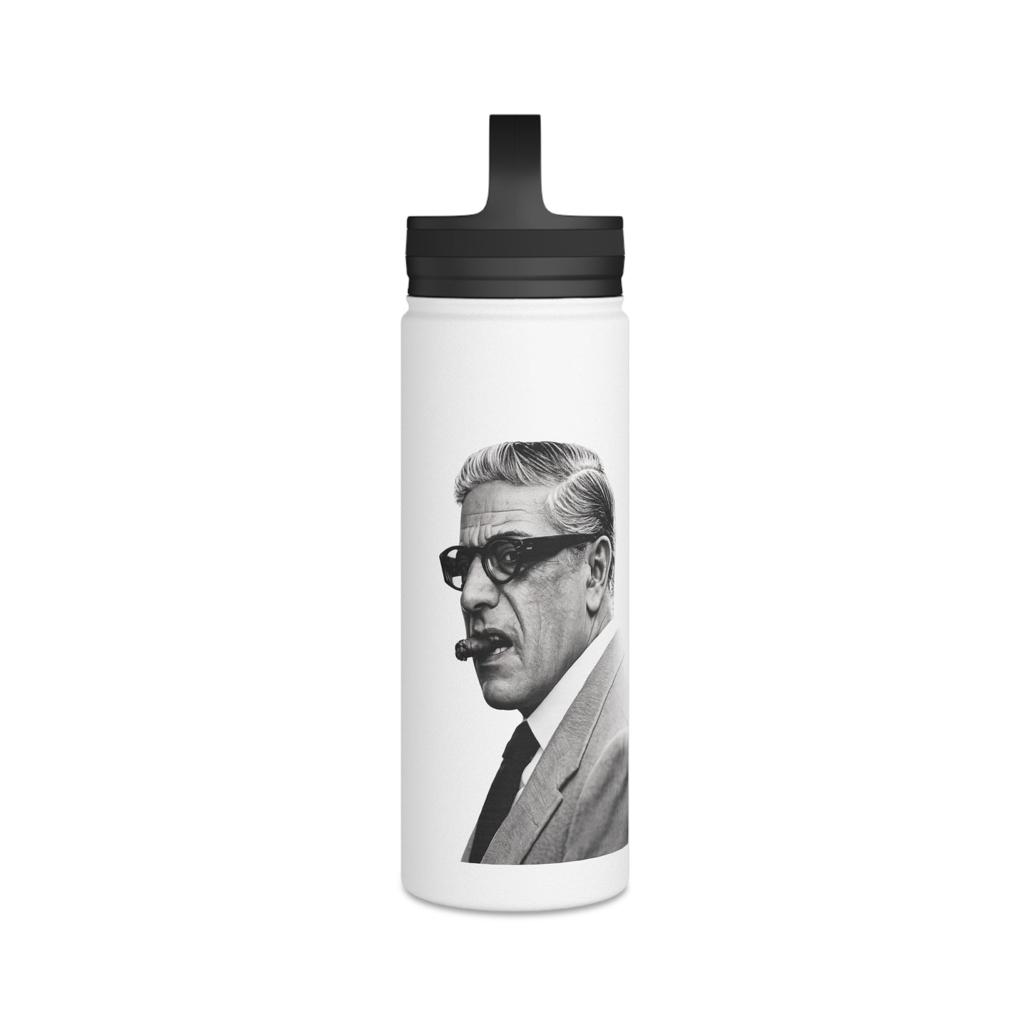 Aristoteles Onassis Portrait Edelstahl-Trinkflasche – Isolierte Wasserflasche mit Griff-Deckel, Vintage Schwarz-Weiß Ikone Geschenk