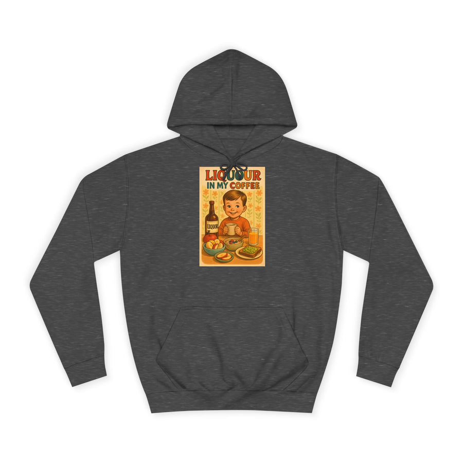 Kaffee Hoodie „Liquor in My Coffee“ – Retro-Humor für Kaffeetrinker – Charcoal – Vorderseite