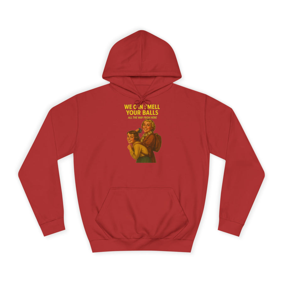 Retro Hoodie „We Can Smell Your Balls“ – Retro-Motiv mit schwarzem Humor – Fire Red – Vorderseite