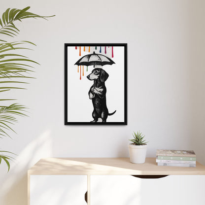 Dackel im Farbenregen – Street-Art Canvas mit Regenschirm & Farbtropfen