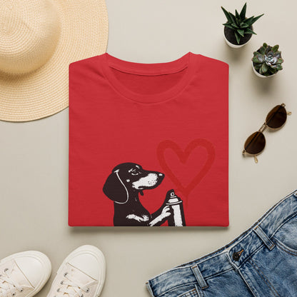 Dackel mit Sprühdose Herz T-Shirt Unisex – Street Art Graffiti Hund Motiv, perfektes Geschenk für Dackelliebhaber & Valentinstag