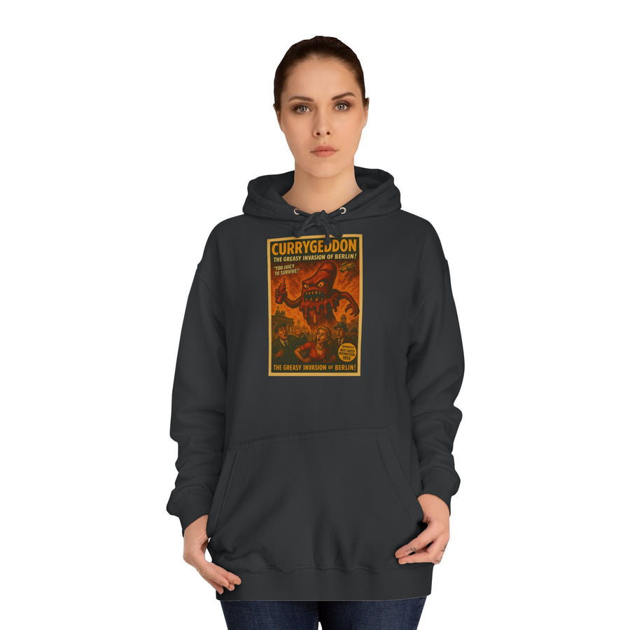 CurryGeddon Hoodie – Affiche rétro-horreur avec monstre currywurst