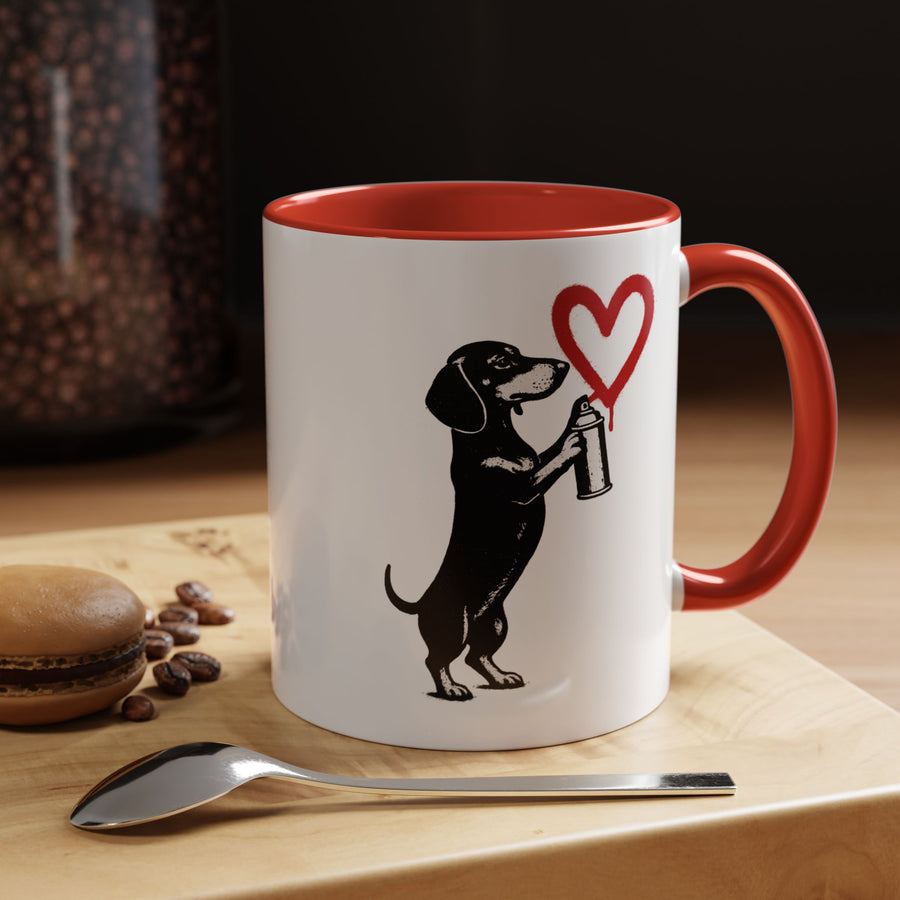 True Insights Banksy Dackel Tasse – Street-Art Kaffeebecher mit rotem Herz