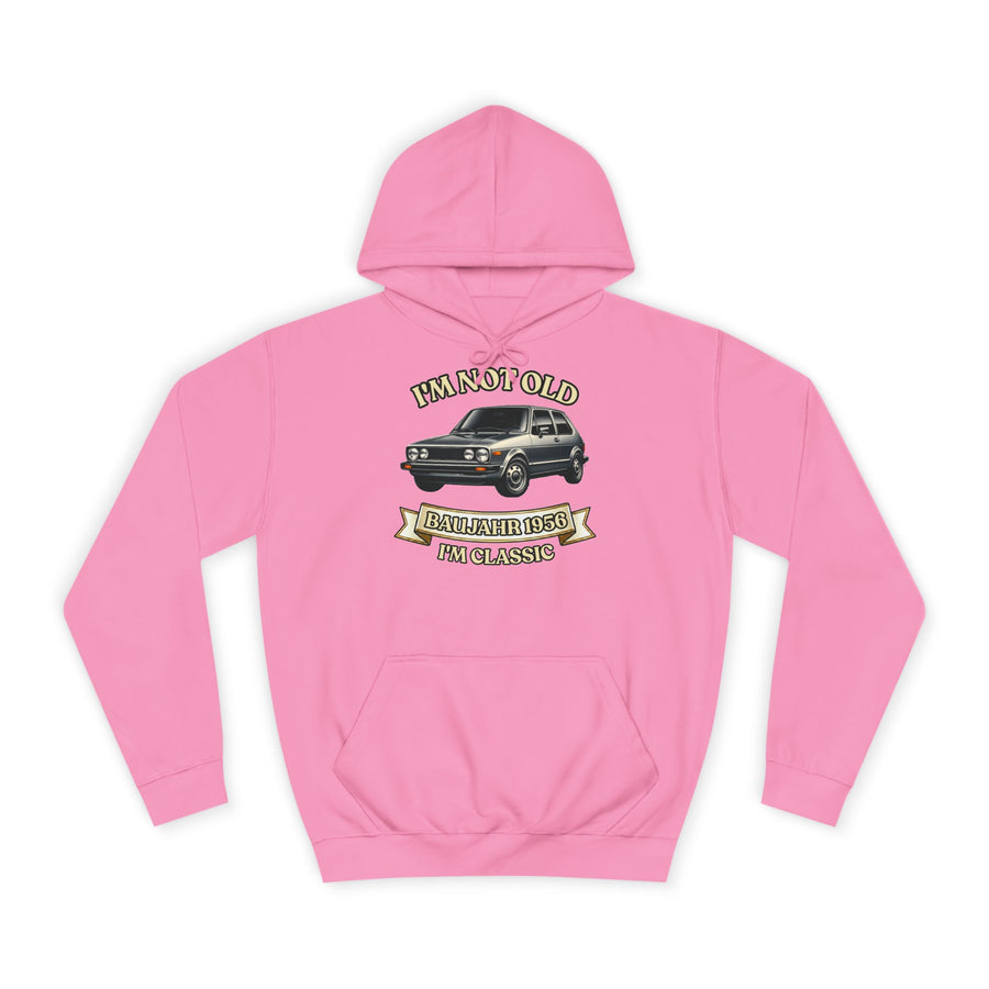 Geschenk zum 70. Geburtstag – Hoodie Jahrgang 1956 VW Golf – Candyfloss Pink – Vorderseite