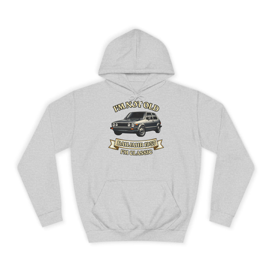 Geschenk zum 70. Geburtstag – Hoodie Jahrgang 1957 VW Golf – Heather Grey – Vorderseite