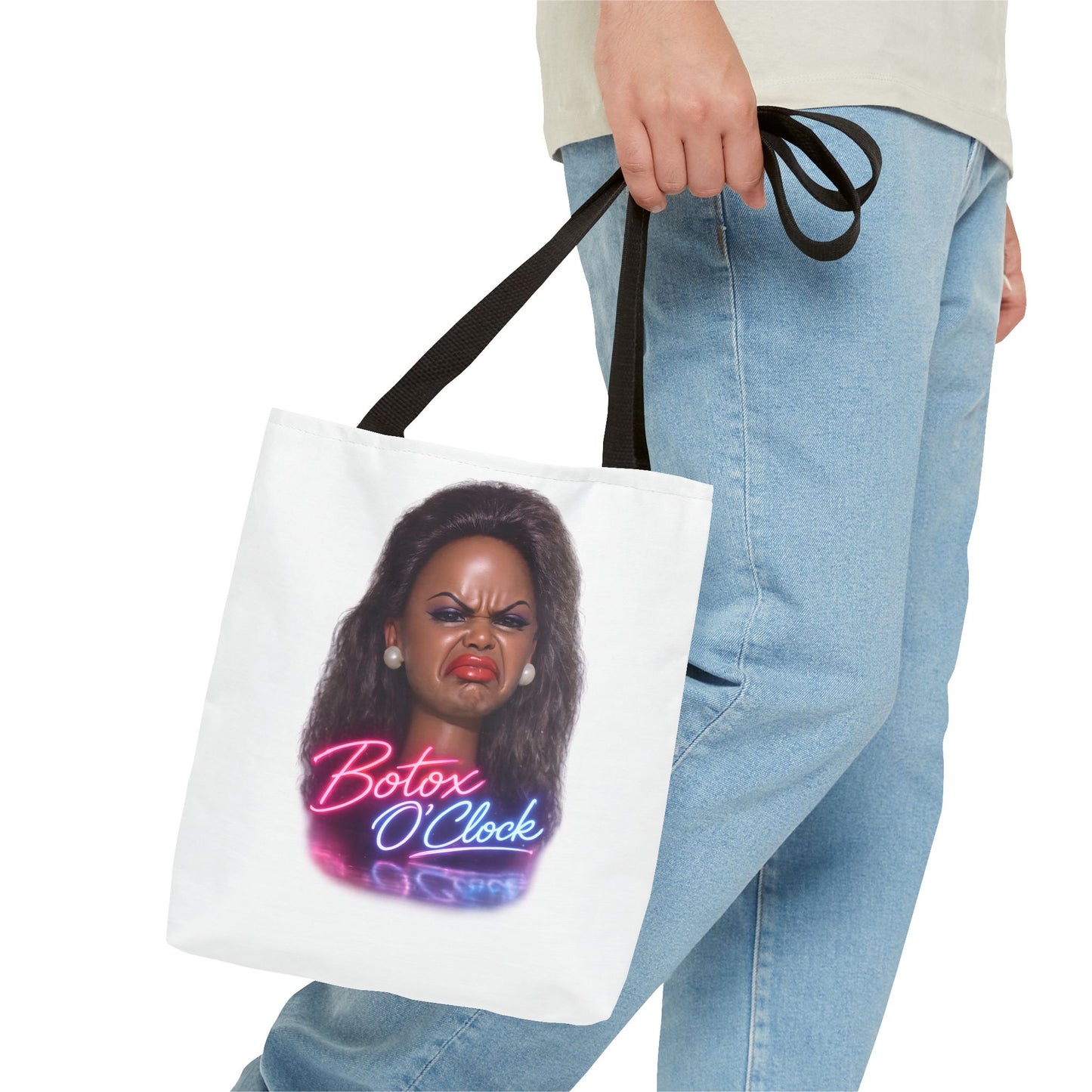 Botox O'Clock Tote Bag – Lustiger Polyester-Beutel mit Neon-Grimasse | Gym Sport Einkauf Geschenk