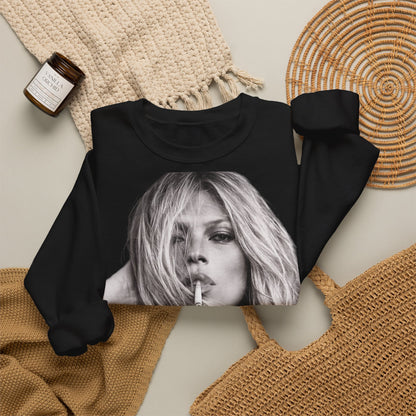 Kate Moss Sweatshirt – Schwarz-Weiß Portrait Kult-Pullover für Fashion & Vintage Fans, ikonisches Model Motiv